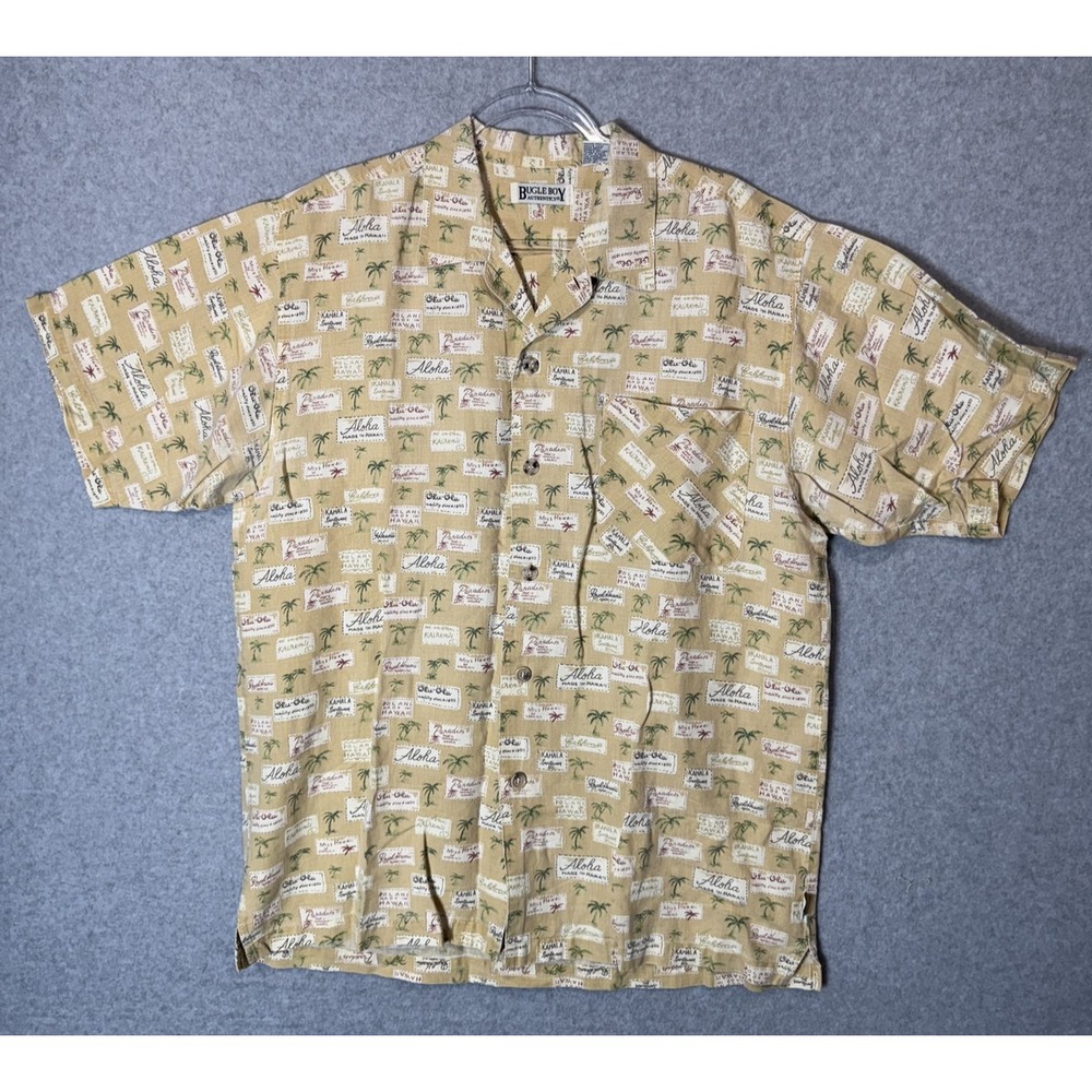 Vintage‎ Bugle Boy Shirt Mens Large Beige Hawaiian Aloha Print Short Sleeve 90s